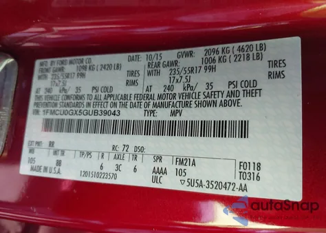 2016 Ford Escape Se z USA, uszkodzony, nr VIN 1FMCU0GX5GUB39043